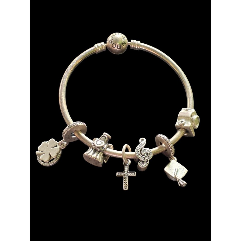 Pandora Sterling bangle 6 Charms Camera Angel Luck Cross Cap Music Note Small